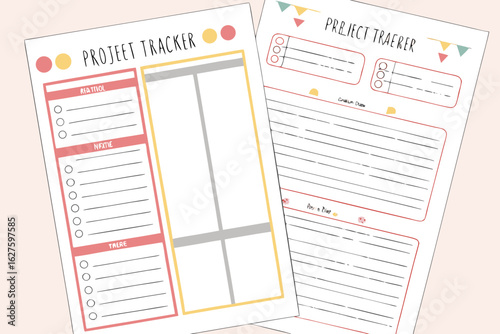 Two project tracker sheets with sections for action items and notes, designed with colorful accents and layouts
