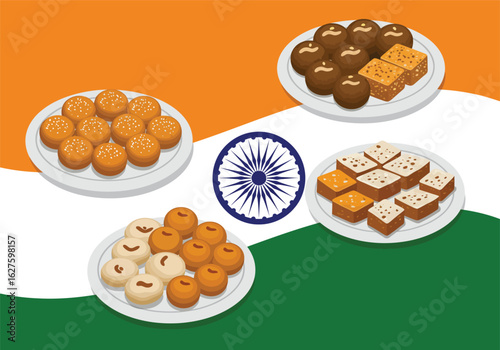 An assortment of traditional Indian sweets on plates against the backdrop of the Indian flag.