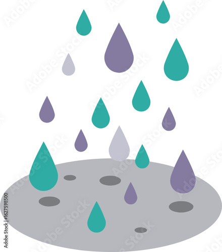 Rain drops falling on a gray surface. Abstract design with various shades of teal, purple, and gray.