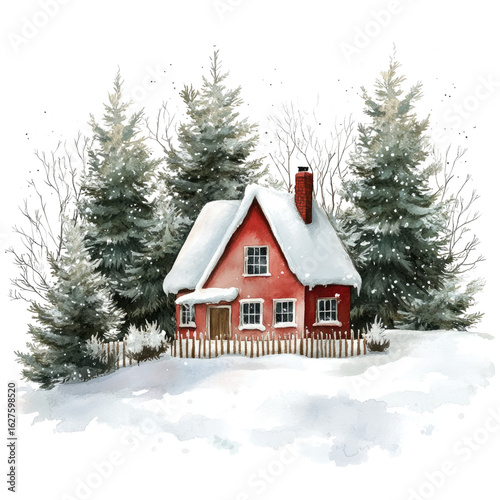 A Christmas house in the snow, surrounded by pine trees, against a white background PNG, in a watercolor style