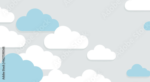 Pastel colored paper clouds against a light gray background. Cute and simple design with soft color palette and cartoon style.