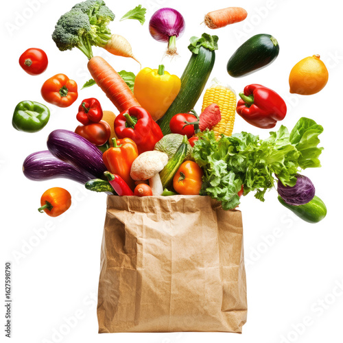 A group of vegetables flying out from a grocery bag, isolated on a white background. PNG file