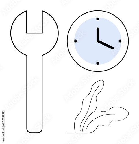 Large wrench, round clock with blue face, and abstract leaves. Ideal for time management, maintenance, repair, efficiency, punctuality environmental care productivity. A simple flat metaphor
