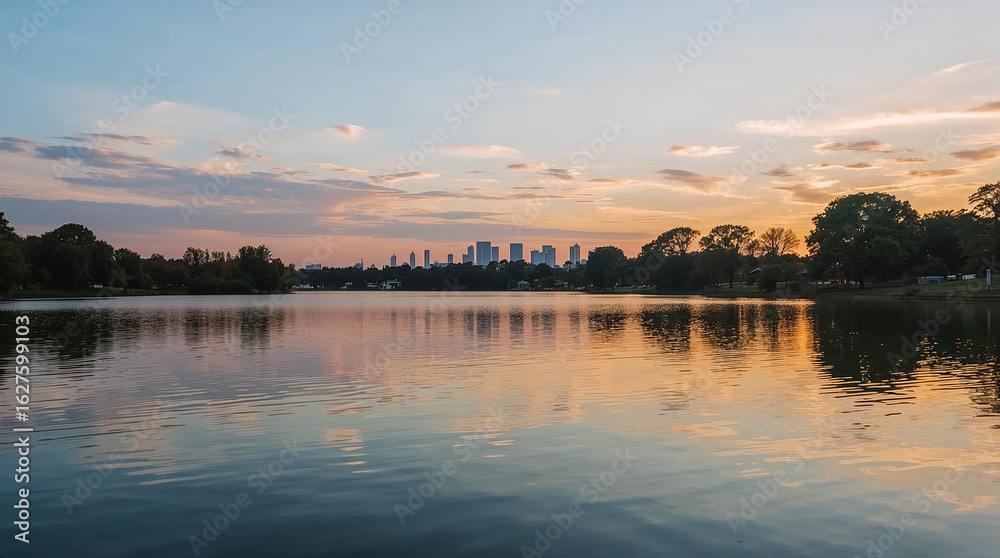 A serene lake reflects the soft hues of a sunset sky, with a distant city skyline nestled amongst lush trees on the horizon. A serene lake reflects the soft hues of a sunset sky, with a distant city skyline nestled amongst lush trees on the horizon.