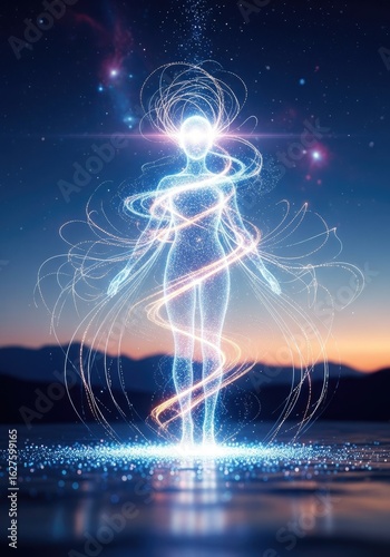 3d icon of a glowing figure stands amidst a cosmic backdrop, radiating spiritual energy transparent background