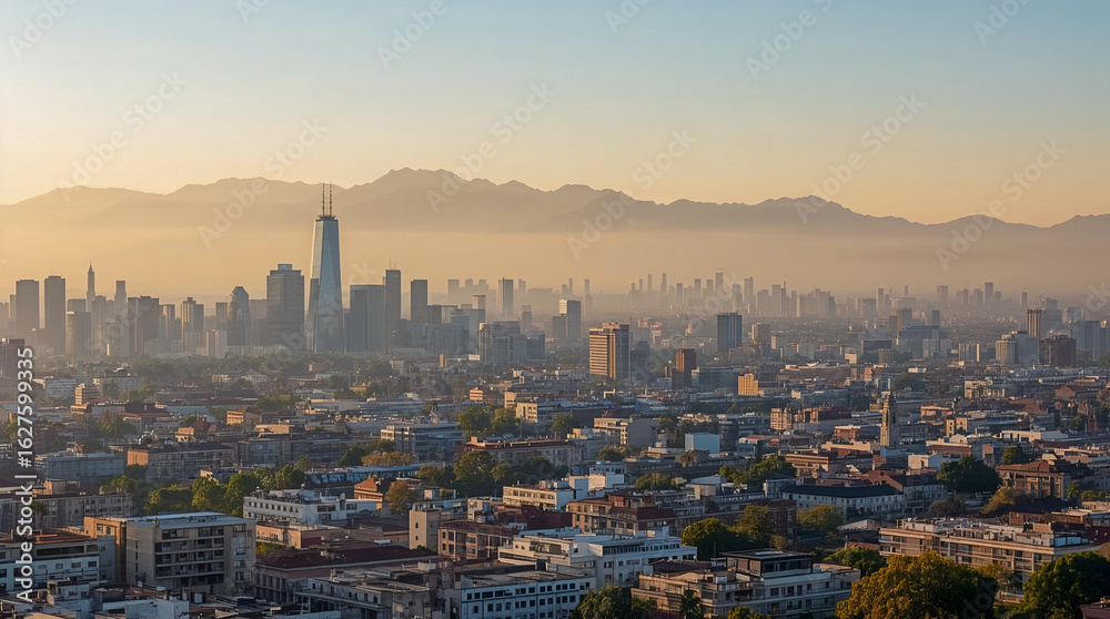 Obraz premium Panoramic view of a sprawling city skyline at sunrise, with a towering skyscraper in the center and mountains shrouded in mist in the background.