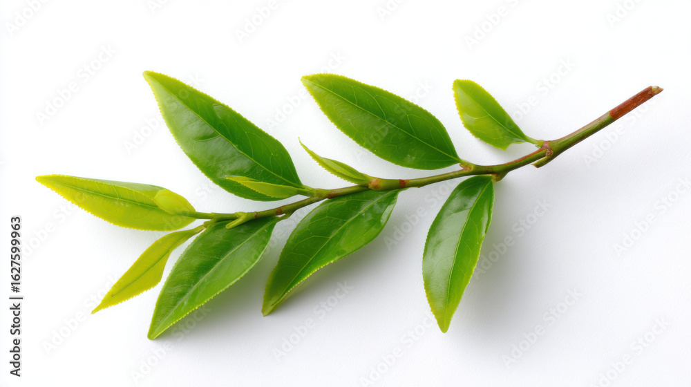 Obraz premium Vibrant green tea plant stem with fresh leaf, isolated on clean white background. close up botanical specimen showing organic new growth for natural herbal drink