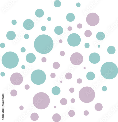 Abstract graphic design of various sized circles in pastel shades of teal and pink. Clustered shapes on a navy blue background. Abstract design. Use in modern, creative projects.