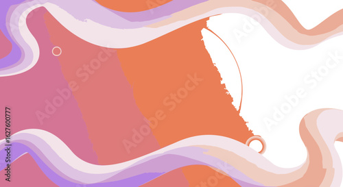 Abstract graphic design featuring fluid, blended color gradients of orange, peach, and lavender. Dynamic abstract shapes and soft lines with subtle transparent circles.