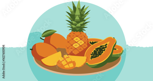 Tropical fruit platter with vibrant colors and textures. Assorted mango, pineapple, and papaya pieces displayed on a wooden cutting board against a soft teal background.