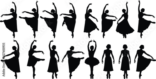 Ballet dancer silhouettes, elegant dance poses, black ballerina icons, tutu and dress styles, graceful movement illustration, performance art vector set