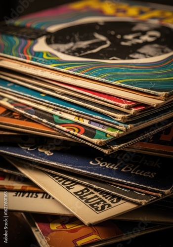 3d icon of a stack of vintage vinyl record albums with colorful covers in a closeup shot transparent background