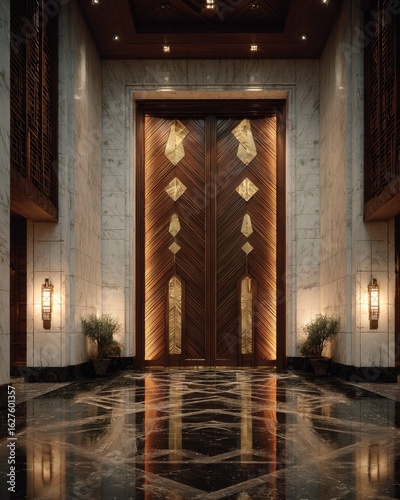 Grand entrance with ornate double doors, marble walls, and polished floor