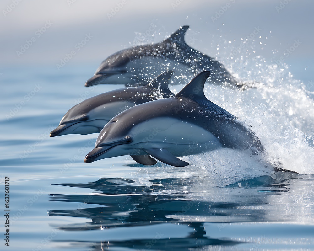Fototapeta premium Three dolphins leaping joyfully through ocean waves in a splash of water