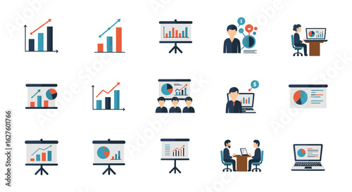 Business growth and analysis icons set for presentations and reports