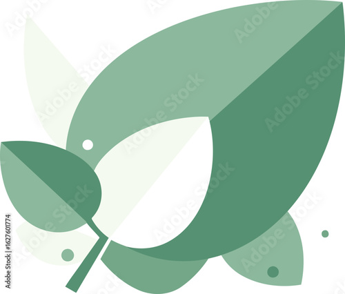 Abstract illustration of overlapping leaves in muted greens and whites. Composition with a soft, natural palette.