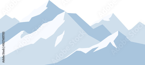 Snow-capped mountain range in soft pastel shades of blue and gray. Majestic peaks with snow-covered slopes, showcasing a tranquil, serene landscape.