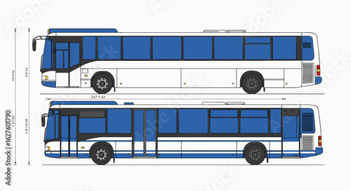 Detailed blueprint of blue and white city bus with dimensions