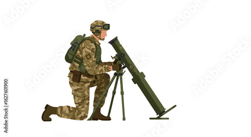 Soldier operating mortar in camouflage gear on white background
