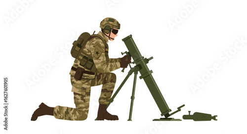 Soldier preparing to launch mortar shell in camouflage uniform
