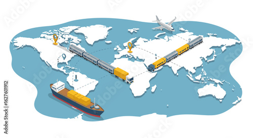 Global transportation routes on world map in isometric design