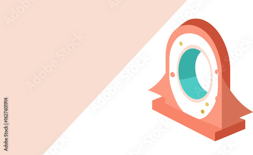 Abstract graphic of a decorative tape dispenser in coral and teal colors with gold accents. Isometric view of the tape dispenser against a pastel background.