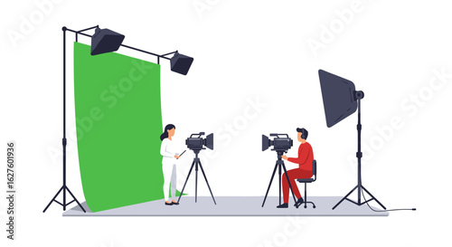 Professional film studio setup with green screen and camera equipment