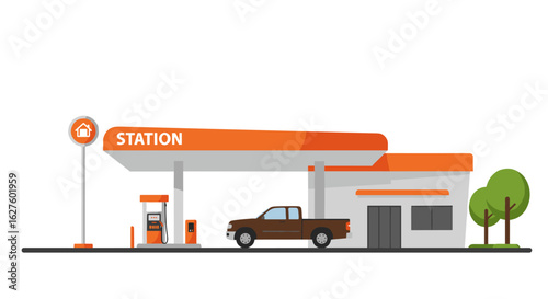Modern flat gas station with pickup truck and trees