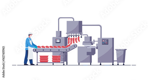 Meat processing plant worker operating machinery in modern facility