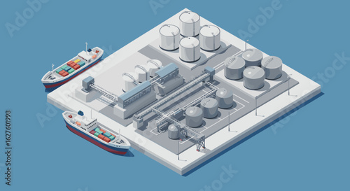 Isometric oil refinery port with tankers and storage tanks on blue background