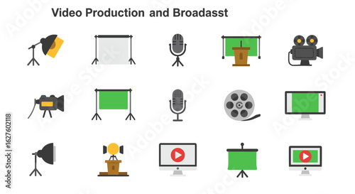 Video production and broadcast icons set for creative media projects