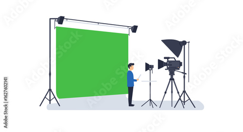 Modern film studio setup: green screen and professional lighting equipment