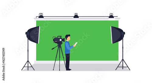 Professional video production setup with green screen and studio lights