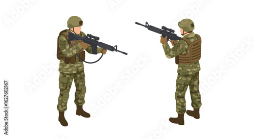 Isometric soldiers in camouflage with weapons