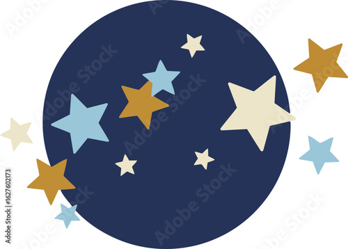 Abstract night sky design with scattered stars in pastel colors. Simple, playful, and colorful night sky illustration. General use -
