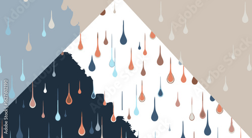 Abstract design featuring multicolored glowing drops in a diagonal pattern. Glowing drops in various shades of orange, blue, and peach, falling against a dark gray background.