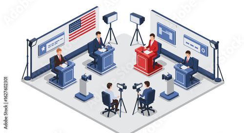 Political debate isometric scene with candidates and media in broadcast studio
