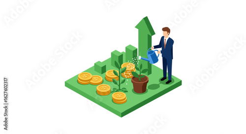Businessman nurturing growth with plants and coins on financial chart isometric illustration