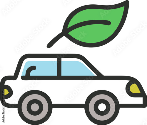 Stylized illustration of a car with a prominent green leaf integrated into its design suggesting eco friendliness nature or a sustainable journey