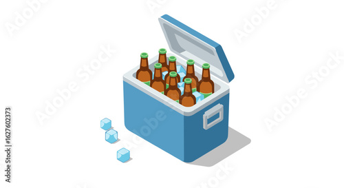 Isometric cooler with beer bottles and ice cubes on white background