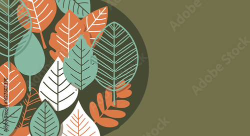 Autumnal leaf design with varied hues of orange, green, and beige in a circular arrangement against a muted olive green background.