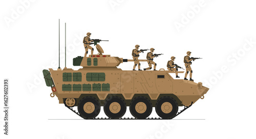 Military armored vehicle with soldiers in tactical positions