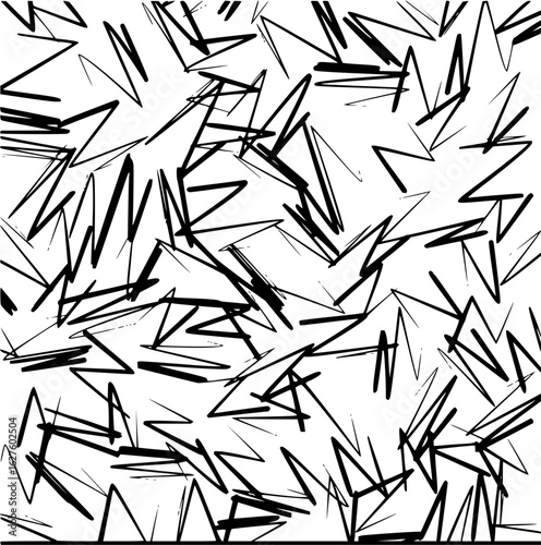 Abstract black and white pattern of jagged lines scattered across a white background creating a chaotic feel