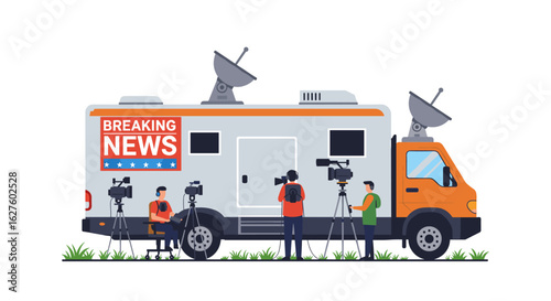 Broadcast van with crew filming breaking news event