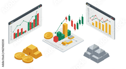 Isometric financial growth charts with graphs and gold silver bullion