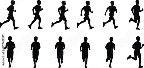 Running silhouette set, side and front views, black athlete motion stages, dynamic runner poses, sports movement illustration, vector design