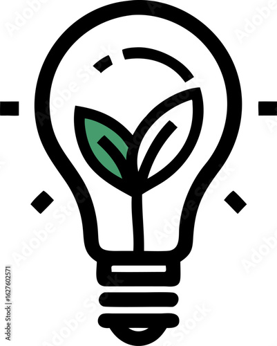 Clean and modern illustration of a glowing light bulb with a subtle leaf motif symbolizing eco friendly energy and innovation