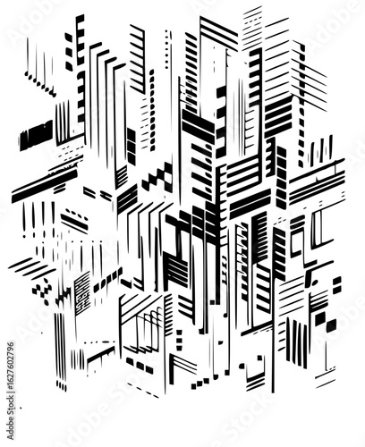 Abstract black and white composition featuring a variety of geometric shapes and line structures in an artful way