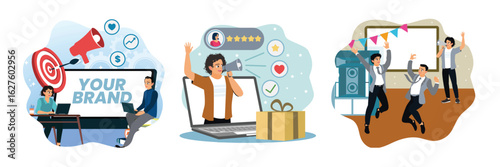 Branding team increases business targets with brand names, promoting positive feedback, brand event.