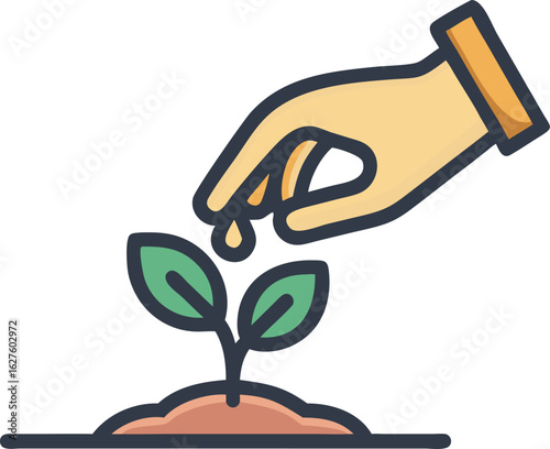 A human hand gently plants a small seed into fertile soil symbolizing growth gardening and new beginnings in a clean illustrative style